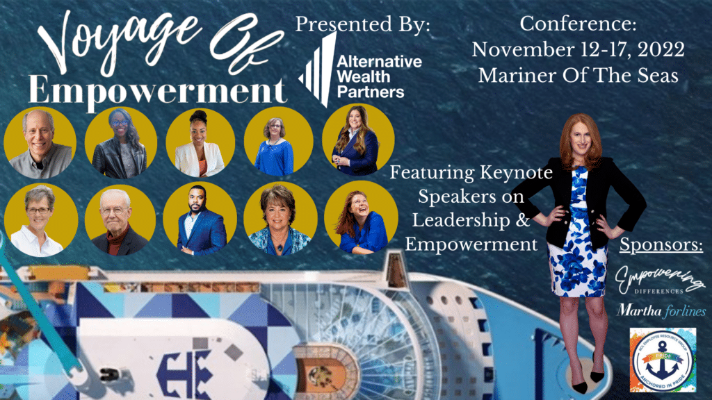 Picture of ship with various speaker images and date and time for the conference